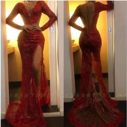 2022 Sparkling Red Sheer V Neck Sequins High Split Sirmaid Prom Robes à manches longues en tulle applique Sweep Train Formal Party Evening Gow 244J