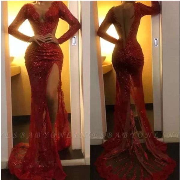 2022 Sparkling Red Sheer V Neck Sequins High Split Sirmaid Prom Robes à manches longues en tulle applique Sweep Train Formal Party Evening Gow 2625