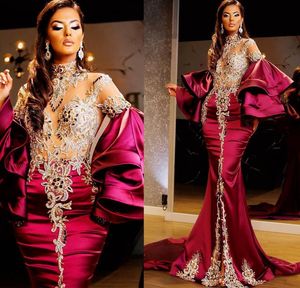2022 Sparkly Arabic Aso Ebi Dark Red Mermaid Prom Dresses kristallen kralen hoge split lange mouwen plus size avond formeel feest s256Z