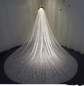 2022 Sparkly Glitters Bling Bruids Wedding Veils 1 Laag Lipined Long Cathedral Lengte Handmade Soft TuLle Pailletten Bruid Veil Vrije kam