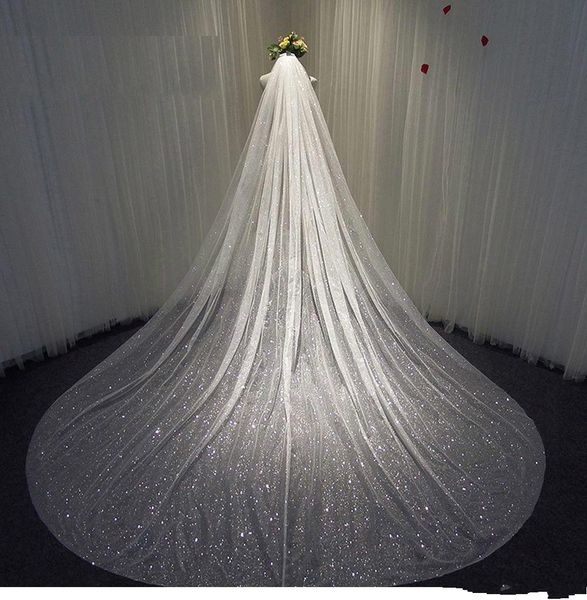 2022 Sparkly Glitters Bling Voiles De Mariage De Mariée 1 Couche Paillettes Longue Cathédrale Longueur À La Main Doux Tulle Paillettes Voile De Mariée Peigne Gratuit