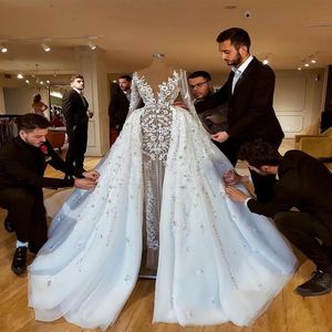 2022 Sprankelende Luxe Afrikaanse Trouwjurken Met Rokken Kant Kralen Schede Bruidsjurken Lange Mouwen See Through Wedding Gown2308