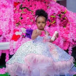 2022 Sparkly Luxueux Fleur Plume Perlée Petite Fille Mariage Pas Cher Communion Pageant Robes Robes