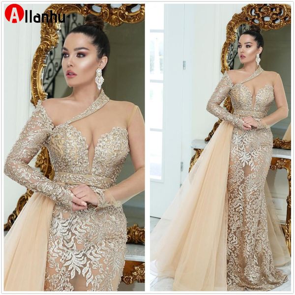 2022 Sparkly luxueux dentelle sirène robes de soirée arabe pure manches longues perles robes de bal Vintage robes de soirée formelles DWJ0126