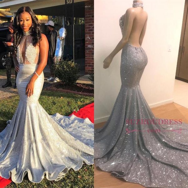 2022 Sparkly Sexy Backless Mermaid Prom Dresses Silver High Neck Long Lace Lentejuelas Beaded Backless vestidos de noche Fiesta formal Dres3102