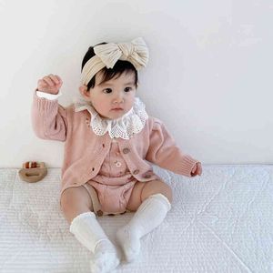 2022 Leer- en herfstkinderen Baby Girl geborduurde trui jas + Twist Romper Creeper Pak Set Winter G220510
