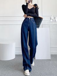 Primavera otoño nuevo diseño mujer cintura alta pierna ancha suelta palazzo denim jeans remaches patchwork pantalones largos SMLXLXXL