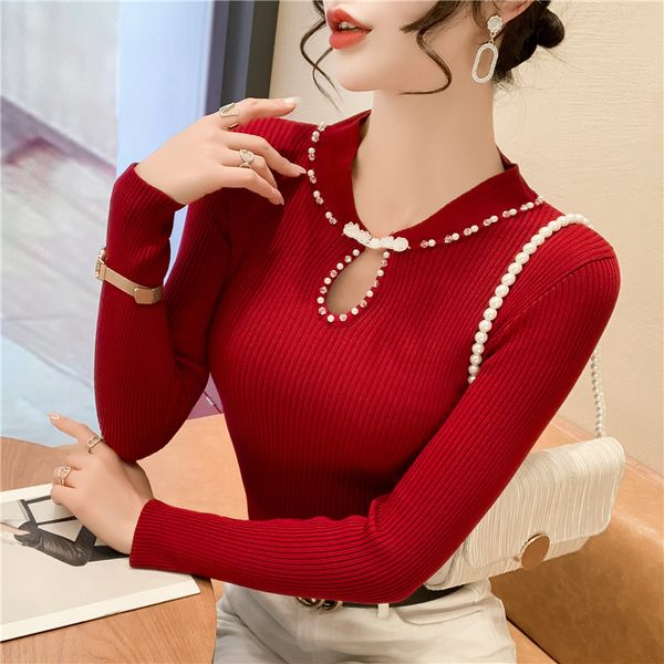 Primavera otoño nuevo diseño de cuello alto para mujer estilo cheongsam chino con cuentas ahuecado sexy de punto de manga larga suéter camisa tops