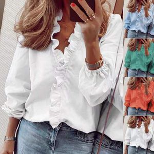 2022 primavera elegante volantes mujer camisa blusas Casual cuello en V manga larga suelta mujer túnica blusas blancas