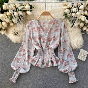 Lente Mode ontwerp dames lantaarn lange mouwen v-hals print bloemen slanke taille chiffon blouse shirt tops