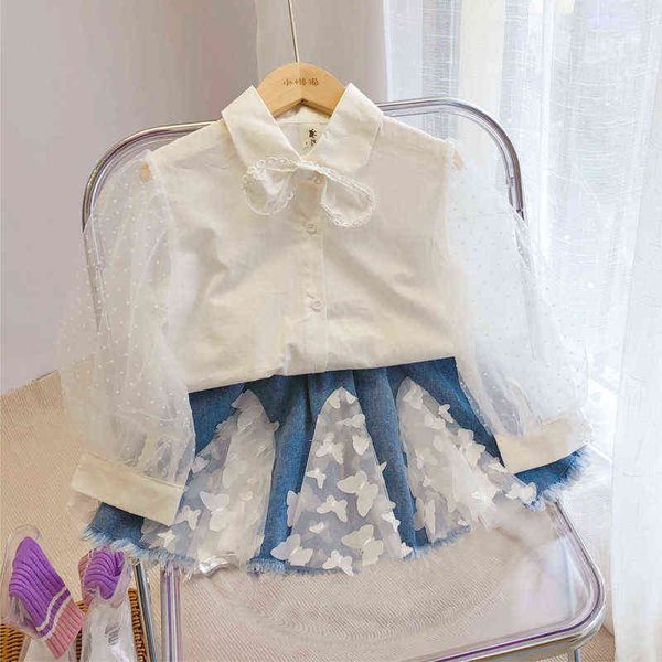 2022 Spring Fashion Girl Deux pièces Chemise française + Jupe en jean papillon Filles Toddler Party Vêtements à manches longues Enfants College Ensembles G220310