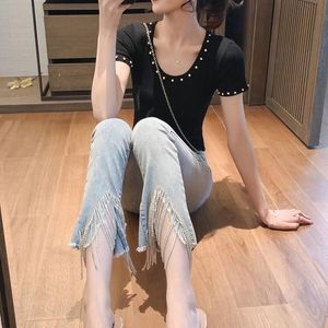 2022 Lente Hot Strass Omzoomd Potlood Jeans Stretch Slanke Hoge Taille Lichtblauw Ripped Jeans Vrouwen Denim Broek Vrouwelijke Trouses