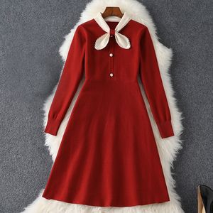 2022 primavera manga larga cuello redondo rojo contraste Color tejido lazo lazo paneles Mini vestido corto elegante vestidos casuales 21S138B442