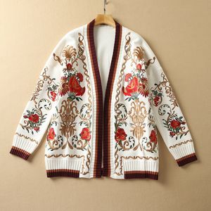 2022 Lente Lange Mouw V-hals White Paisley Print Gebreide Borduurwerk Lambrised Cardigan Sweater Mode Truien Jassen 21D161103