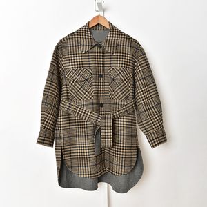 2022 Lente Lange Mouwen Revers Hals Khaki Jas Franse Stijl Plaid Wool Dubbele Zakken Taille Belted Single-Breasted Jassen Lange uitloper Jassen J23318