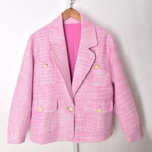 2022 printemps manches longues revers crantés veste rose style français couleur unie double poches vestes en laine à simple boutonnage manteaux courts Outwear O277152