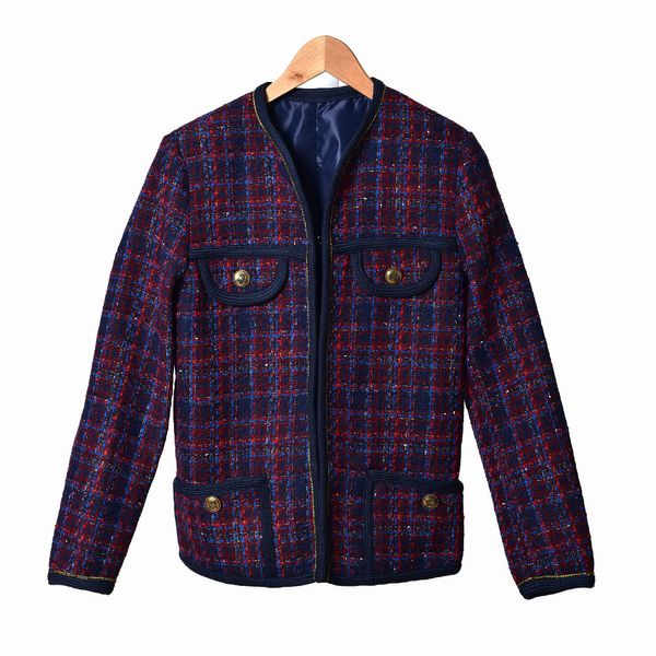 2022 Printemps Manches Longues Encolure Ronde Violet Veste Style Français Plaid Tweed Panneaux Contraste Garniture Simple Boutonnage Vestes Court Outwear Manteaux 20W183075