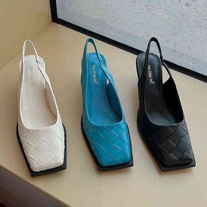 2022 primavera nueva marca de punta cuadrada sandalias de mujer fino tacón medio azul poco profundo Slip On señoras mulas zapatos elegantes Slingback zapatos Y220225