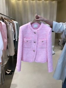 Printemps nouveau design mode femme col rond couleur unie à manches longues tweed laine manteau court veste SMLXL