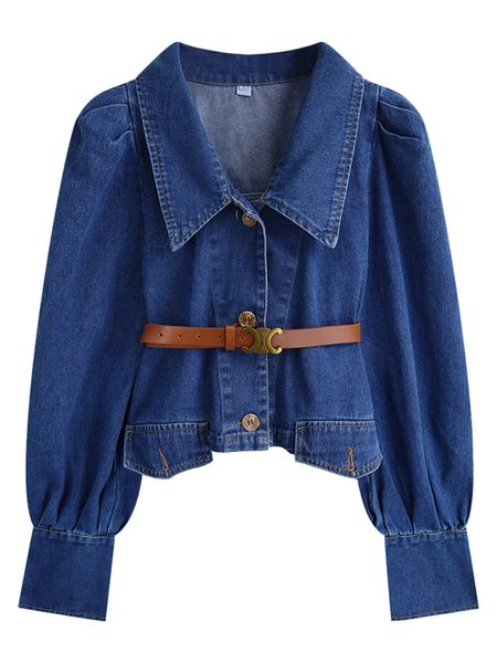 Primavera nuevo diseño de mujer puff manga larga denim jeans retro chaqueta corta con cinturón abrigo SML