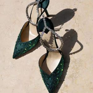 2022 Lente Nieuwe Puntige Teen Sandalen Rhinestone Upper Chain High Heels Stiletto Sandalen Plus Size Zomer Catwalk Party Shoes