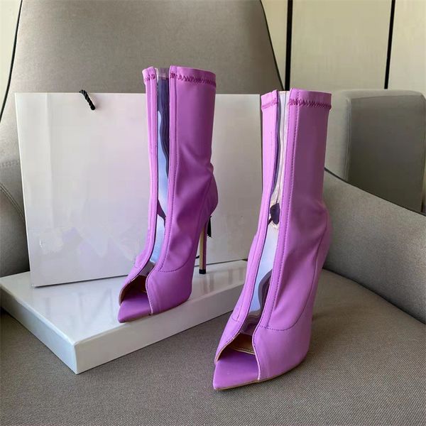 2022 printemps nouvelles femmes Stretch Lycra bottines Sexy bout ouvert talons aiguilles bottes courtes femme sans lacet élastique botte De Mujer