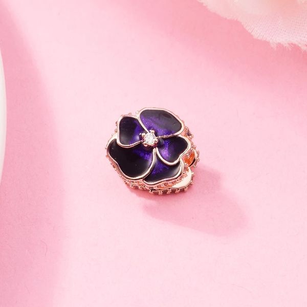 2022 Printemps Argent Perles Rose Couleur Deep Purple Pansy Fleur Pandora Charms pour Bracelets DIY Jewlery Faire Lâche Perle Bijoux bracelet en gros 780777C01