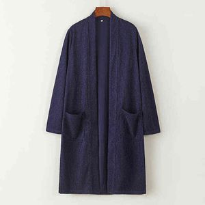 2022 printemps été Style chinois lin Trench hommes Vintage Cardigan Kimono coupe-vent mâle mince Hanfu point ouvert Robe L220706