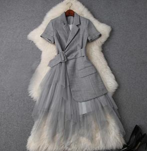 2022 Spring zomer elegante korte mouw notchedlapel zuivere kleur kanten lage maxi jurk casual jurken w0716T97481805144
