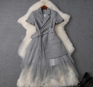 2022 Spring zomer elegante korte mouw notchedlapel zuivere kleur kanten lage maxi jurk casual jurken w0716T97485984460