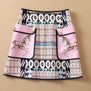 Falda elegante de cintura alta con estampado de caballo rosa y bolsillos con cuentas hasta la rodilla para primavera y verano 2022 21O301020