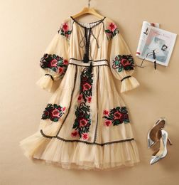 2022 Printemps Summer Long Manche rond Round Khaki Floral broderie Tulle Partager Ribbon Clit Bow Midcalf Robe Elegant Casual Dres3070435