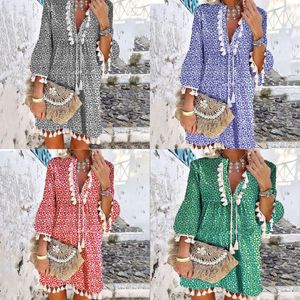 2022 Spring Vintage V Neck Tassel Party Jurk Women Elegant Floral Print 3 4 Sleeve Mini Dress Ladies Summer Casual Beach 238S