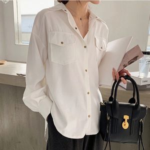 2022 Spring vrouwen witte shirts met ￩￩n borte reverse vrouwelijke blouses dames tops nieuwe katoenen solide kantoor dames shirt femme blusas