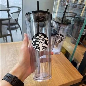 Starbucks Sirène Déesse Tasses 24oz/16oz Double Gobelet En Plastique Tasse De Fond Déesse Cadeau Couvercle Réutilisable Transparent Potable Plat Gobelets Paille