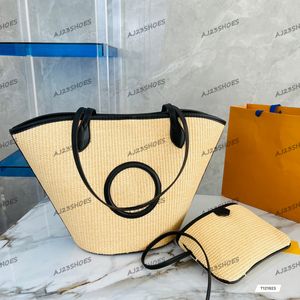 2022 Bolso de hombro de paja Rafia sintético Bolso de playa con billetera de bolsas 2 sets diseñador para mujer