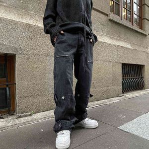 2022 Streetwear Patchwork Bouton Jeans Hommes Mode Harajuku Casual Couleur Solide Multi-poches Lâche Cargo Denim Pantalon Unisexe T220803