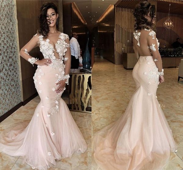 2022 Impresionantes flores en 3D Sirena rosa Vestidos de fiesta Chicas africanas Sheer Manga larga Ilusión Sin respaldo Hasta el suelo Vestidos de fiesta de noche Tallas grandes