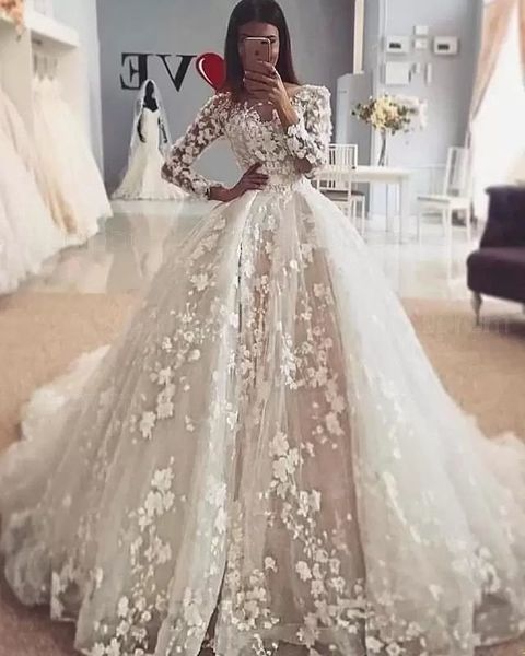 2022 Impresionantes vestidos de novia de encaje completo Apliques de cuello transparente 3D Flora Illusion Manga larga Fruncido Vestidos de novia largos Romántico Robe de soriee BC11978