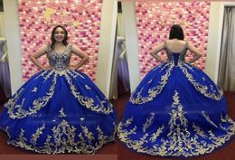 2022 Prachtige Gouden Borduursels Koningsblauw V-hals Quinceanera Jurken Baljurk Korset Pailletten Vestido De 16 Anos Sweet 15 Prom Even5460270