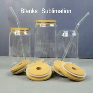 2022 Tasses à bière en verre de sublimation avec couvercle en bambou paille bricolage blancs givrés clairs en forme de gobelets en forme de tasses de transfert de chaleur 15oz Cockta262C