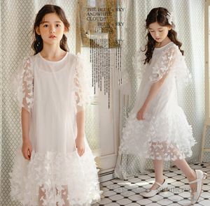 2022 Été Grandes filles stéréo papillon appliques robes enfants dentelle gaze falbala robe à manches volantes enfants princesse vêtements Q43583564736