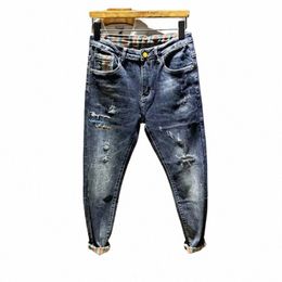 2022 Zomer Blauw Distred Patch Young Men Slim Fit Elastische gescheurde Streetwear Fi Koreaanse vriend Designer Jeans For Men T0ke#