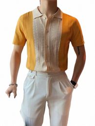 2022 Été Casual Slim Polos à manches courtes Chemise pour hommes Fi tricoté rayé Patchwork Chemises Hommes Col rabattu Butted Tops 38Iz #