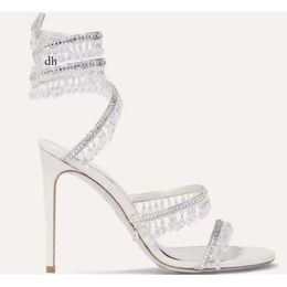 2022 Zomer Cleo -kristallen verfraaide hakken Sandalen Rhinestone White Evening Shoes Women High Heeled Designers Wraparound Dress Shoe B0