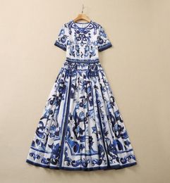 2022 zomer herfst korte mouw ronde nek blauw paisley print katoenen paneelmidcalf jurk elegante casual jurken 22Q1923155766458