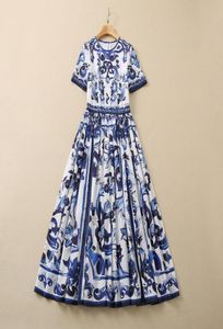 2022 zomer herfst korte mouw ronde nek blauw paisley print katoenen panelen middencalf jurk elegante casual jurken 22q1923157366688