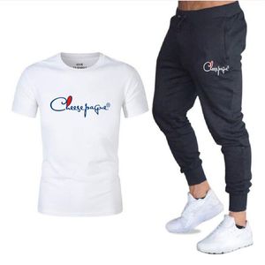 Conjunto de camiseta y pantalones para hombre, ropa deportiva, chándal, chándal masculino de manga corta, color blanco, 2022G, 170