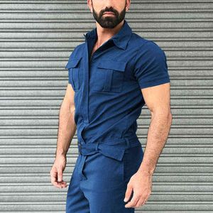 2022 Zomer Mannen Casual Solid Long Playsuit Mode Korte Mouw Turndown Jumpsuit Overalls Spring Mens Retro Romper Streetwear G1222