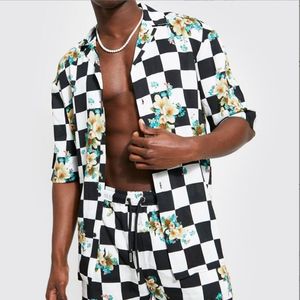 2022 Summer Men's Survêtements Casual Noir et Blanc Plaid Fleur Imprimer Zebra Imprimer Revers Simple Boutonnage Shorts Hommes Costume Plus Taille Vêtements